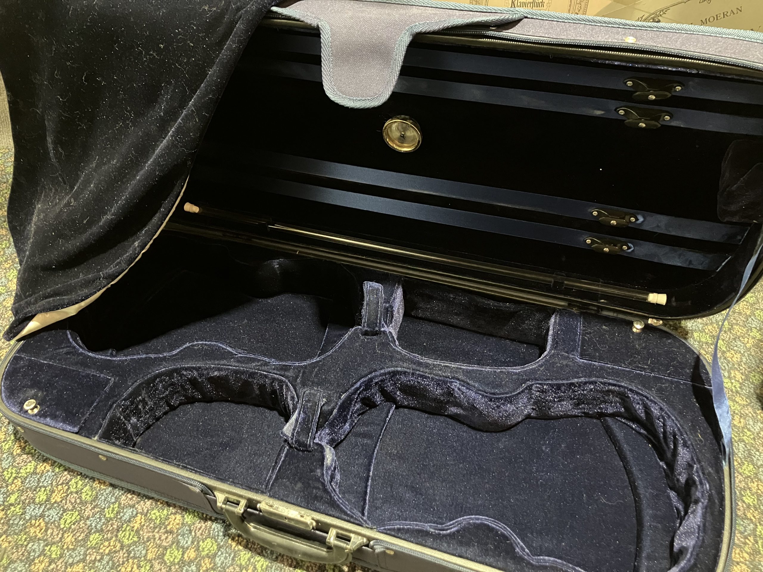 Double Violin Case (wood shell with navy blue attached cover) - Secondhand